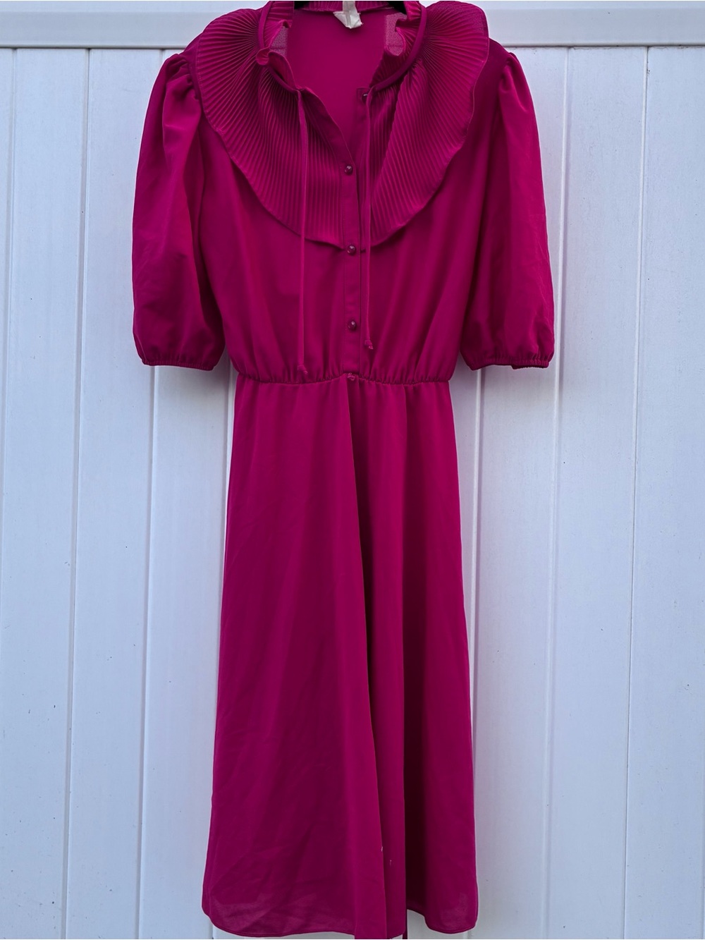 Vintage Dress Fuchsia Red Pleated Collar Midi Puff Sleeves Retro Fairy Sz S
